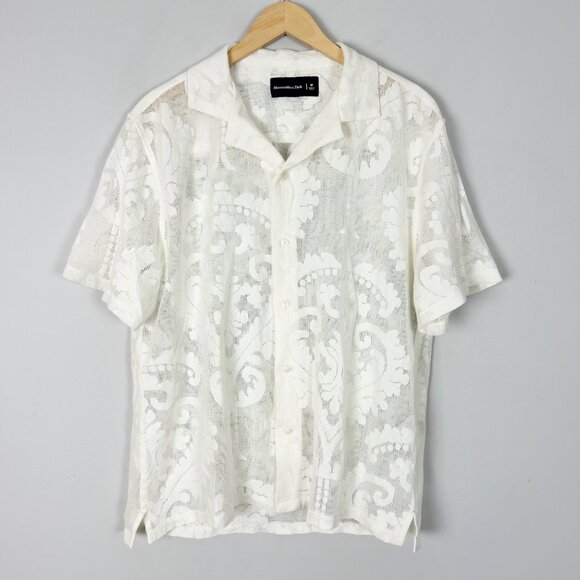 Abercrombie & Fitch Camp Collar Ivory Lace Button Down Shirt Size Medium Men's - Picture 1 of 4
